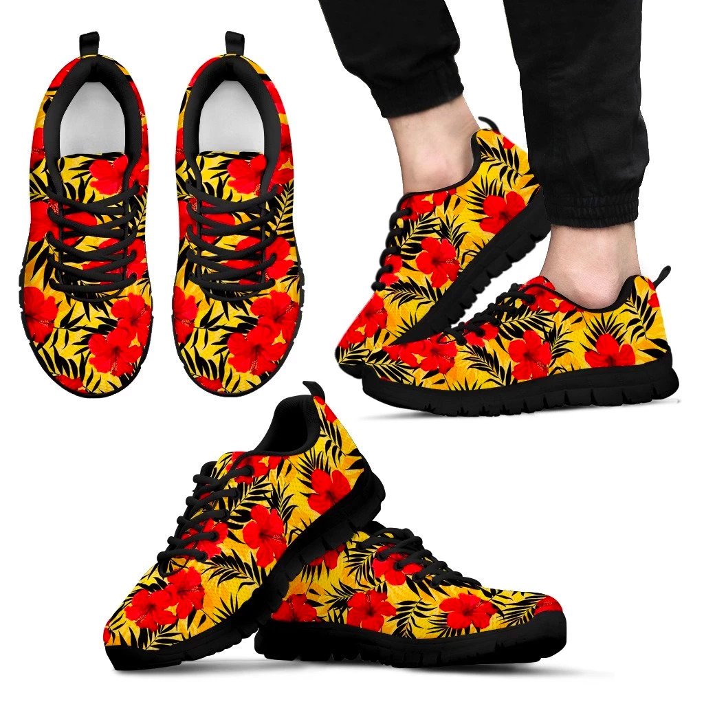 Hawaii Tropical Flowers And Palm Leaves Sneakers Men's Sneakers Black - Polynesian Pride