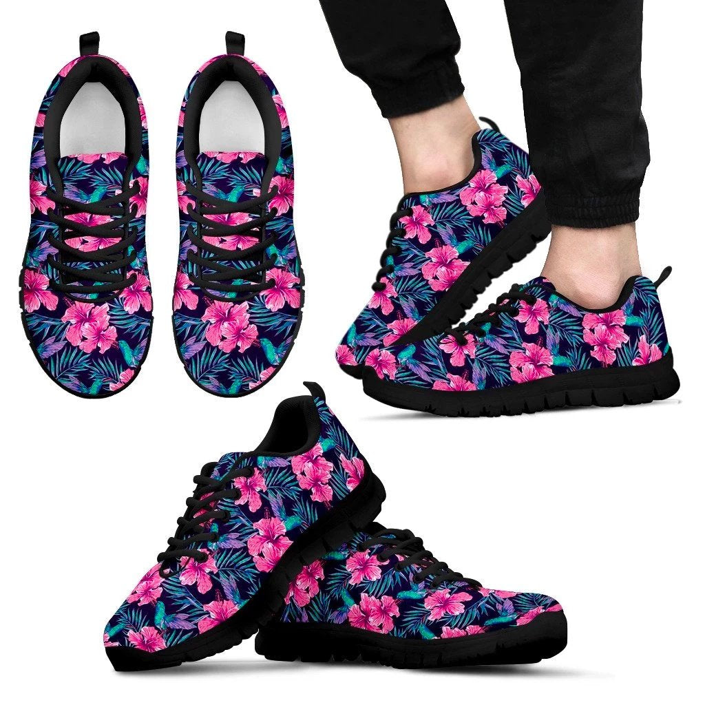 Hawaii Tropical Flowers With Hummingbirds Palm Leaves Sneakers Men's Sneakers Black - Polynesian Pride