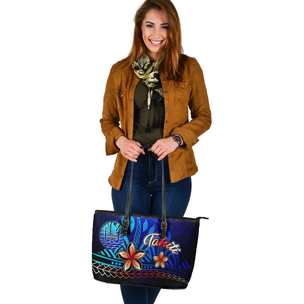 Tahiti Large Leather Tote Bag - Vintage Tribal Mountain - Polynesian Pride