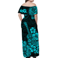 Hawaii Off Shoulder Long Dress Polynesia Turquoise Ukulele Flowers LT13 - Polynesian Pride