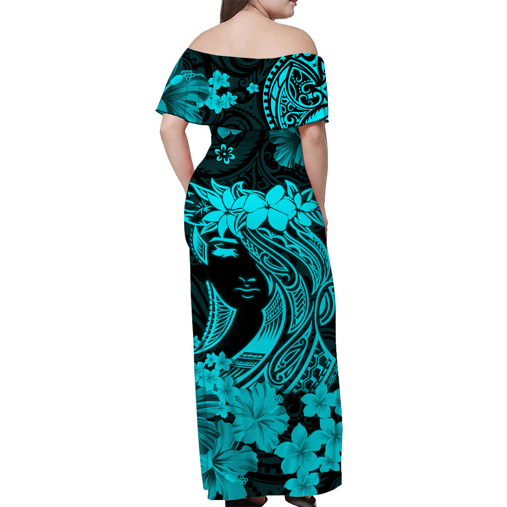 Hawaii Off Shoulder Long Dress Polynesia Turquoise Attractive Hula Girl LT13 - Polynesian Pride