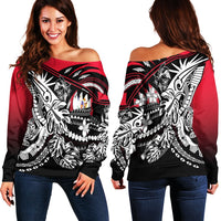 Niue Women's Off Shoulder Sweaters - Tribal Jungle Pattern Red Color Red - Polynesian Pride