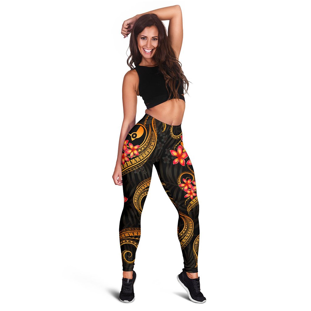 Yap Micronesian Women Legging - Gold Plumeria Black - Polynesian Pride