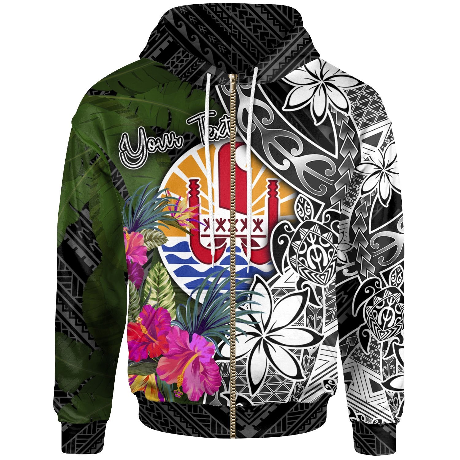 Tahiti Custom Zip up Hoodie Turtle Plumeria Banana Leaf Unisex Black - Polynesian Pride