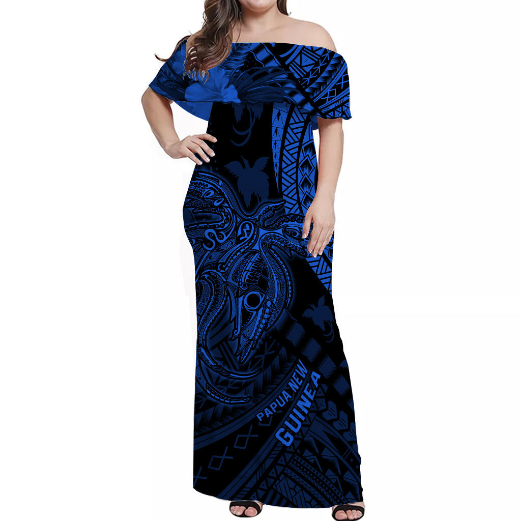 (Custom Personalised) Papua New Guinea Off Shoulder Long Dress Raggiana Birds Of Paradise Blue LT13 Women Blue - Polynesian Pride