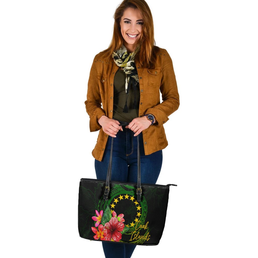 Cook Islands Polynesian Leather Tote Bag - Floral With Seal Flag Color - Polynesian Pride