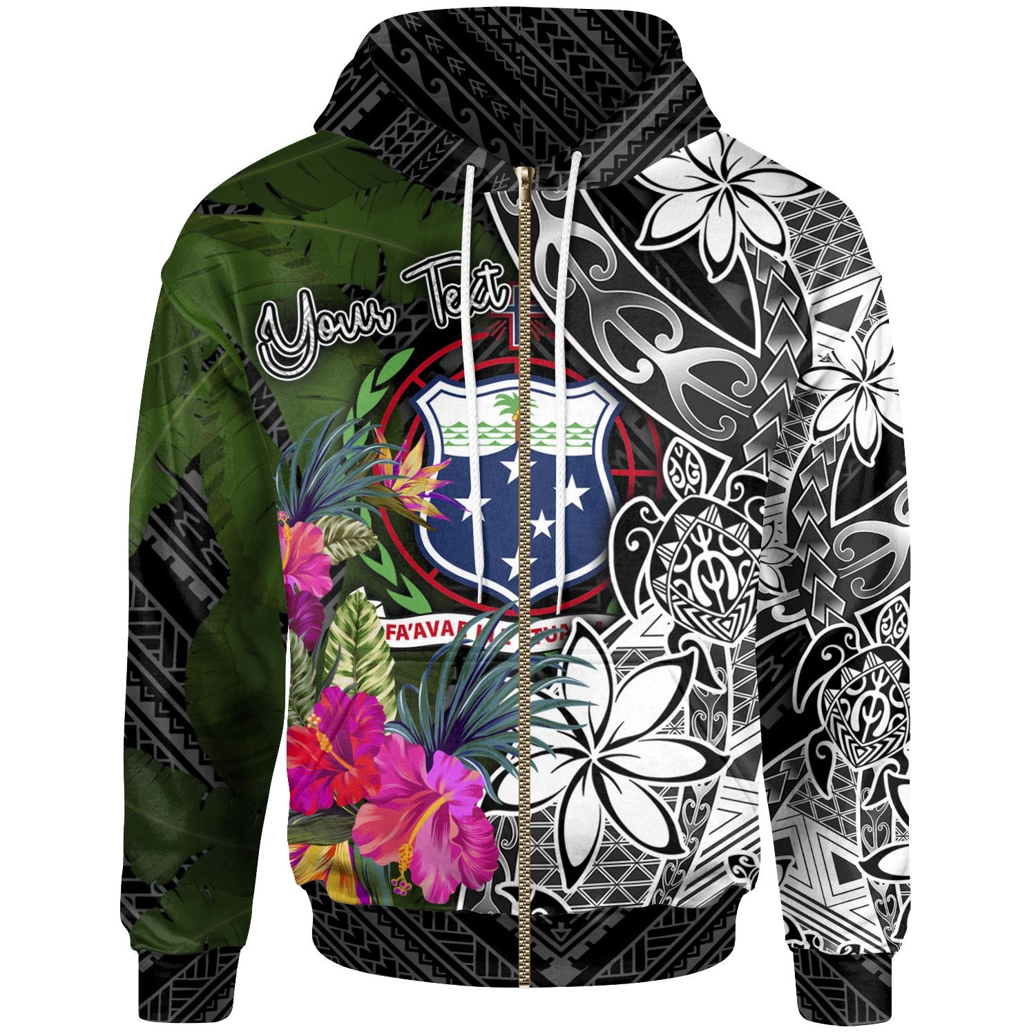 Samoa Custom Zip up Hoodie Turtle Plumeria Banana Leaf Unisex Black - Polynesian Pride