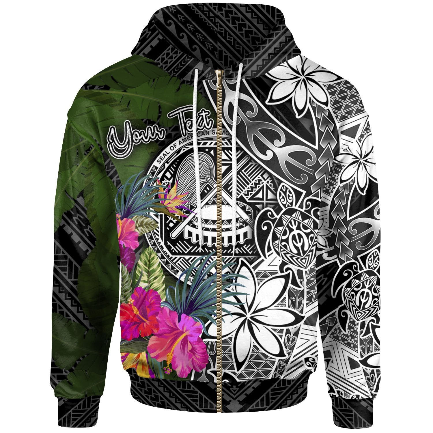 American Samoa Custom Zip up Hoodie Turtle Plumeria Banana Leaf Unisex Black - Polynesian Pride