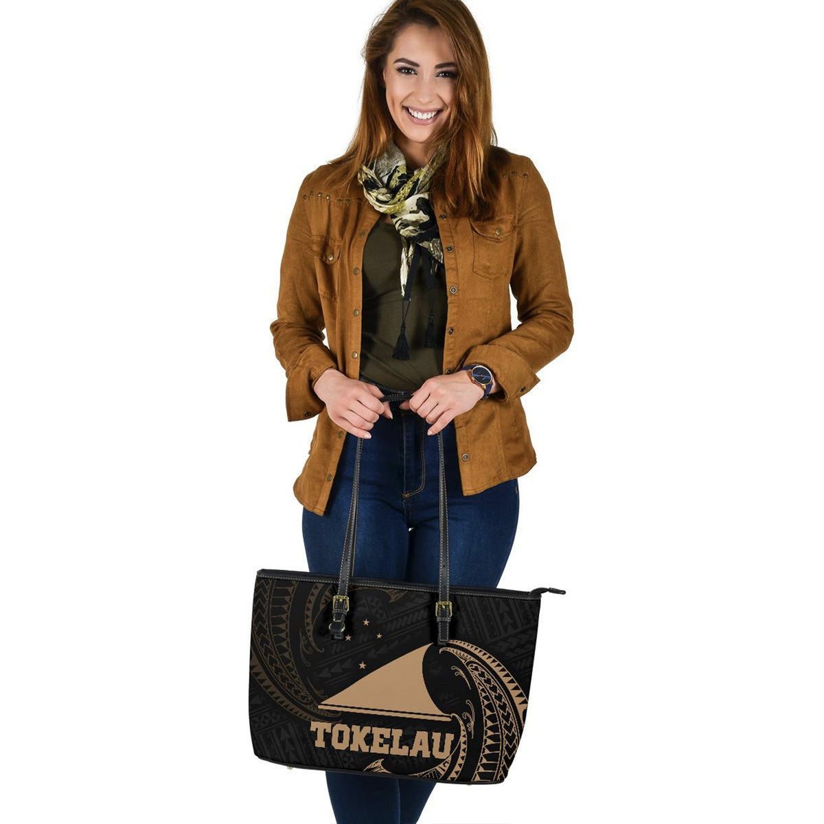 Tokelau Polynesian Leather Tote Bag - Gold Tribal Wave - Polynesian Pride