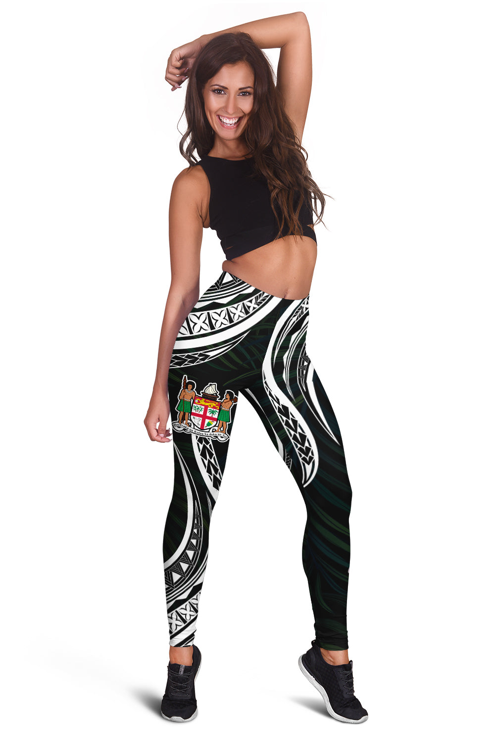 Fiji Coat of Arms Women Leggings Polynesian mix Coconut Pattern LT13 Black - Polynesian Pride