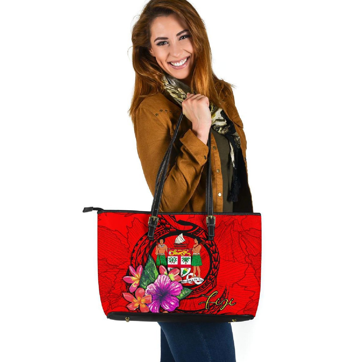 Fiji Polynesian Large Leather Tote - Floral With Seal Red Red - Polynesian Pride