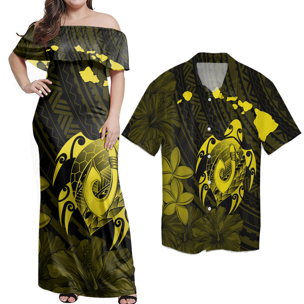 Matching Couple Hawaiian Outfits Dress and Hawaiian Shirt Map Turtle Plumeria Hibiscus Fish Hook Polynesian Yellow RLT14 - Polynesian Pride