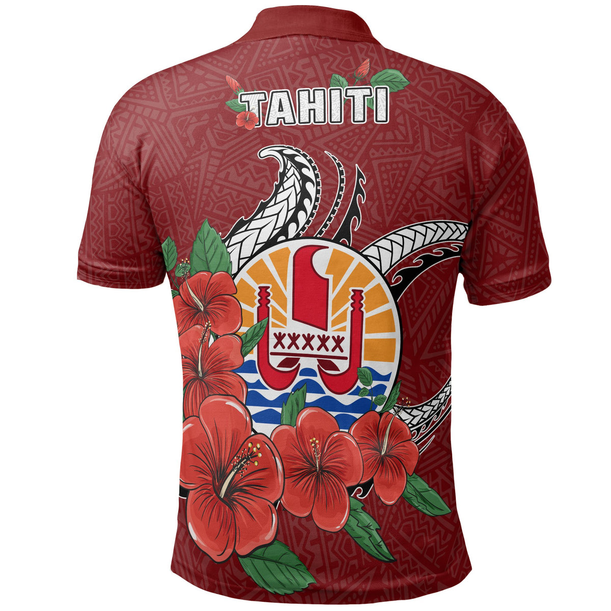 Tahiti Polynesian Polo Shirt Hibiscus Coat of Arm Red - Polynesian Pride