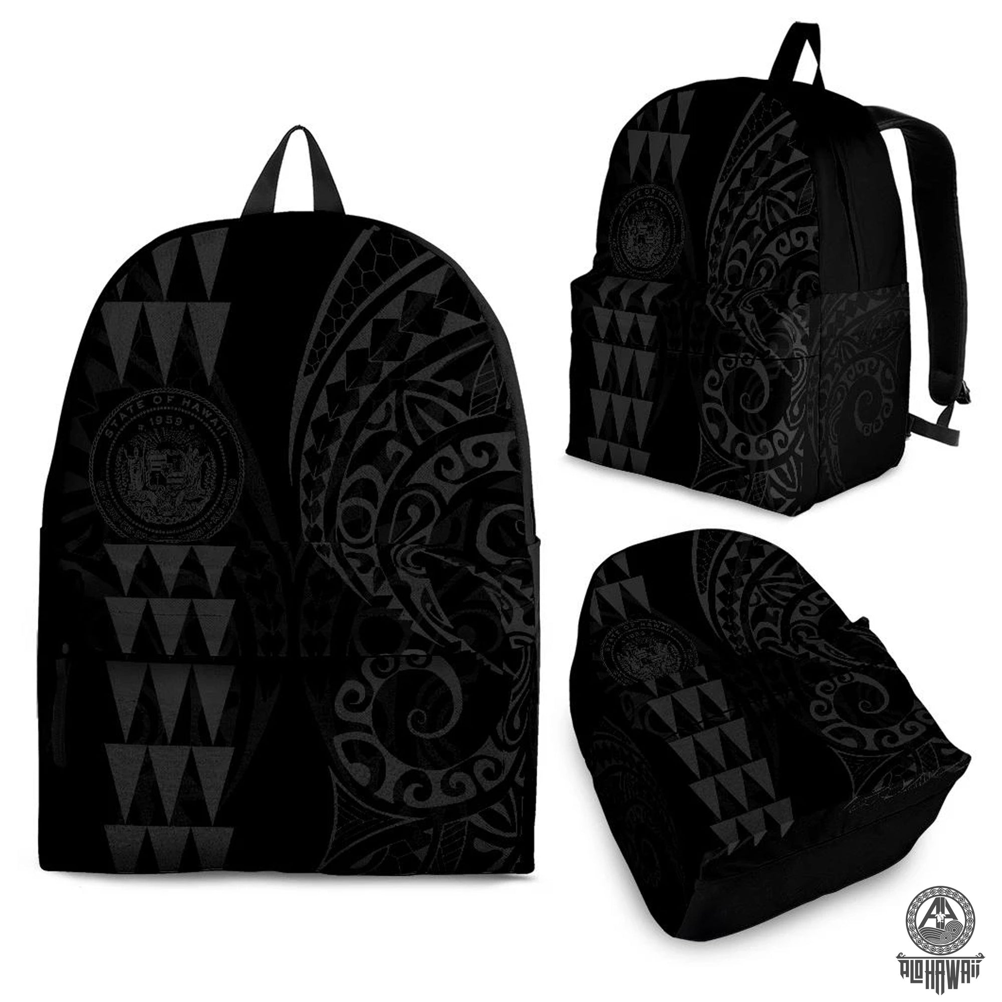 Hawaii Coat Of Arms Tribal Backpack - Gray Black - Polynesian Pride