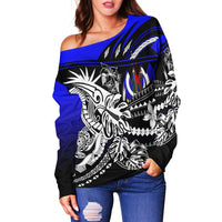 Vanuatu Women's Off Shoulder Sweaters - Tribal Jungle Pattern Blue Color - Polynesian Pride