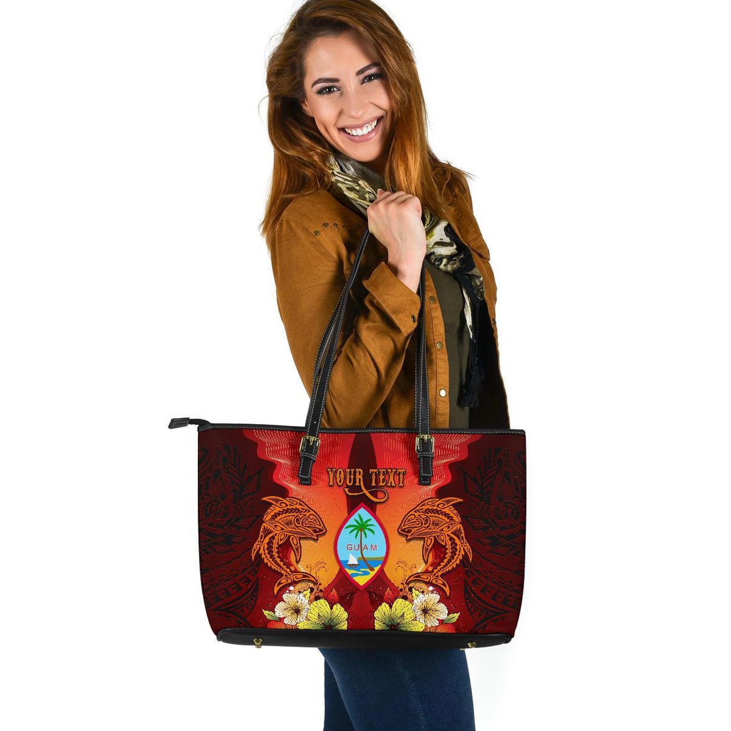 Guam Custom Personalised Large Leather Tote - Tribal Tuna Fish Orange - Polynesian Pride