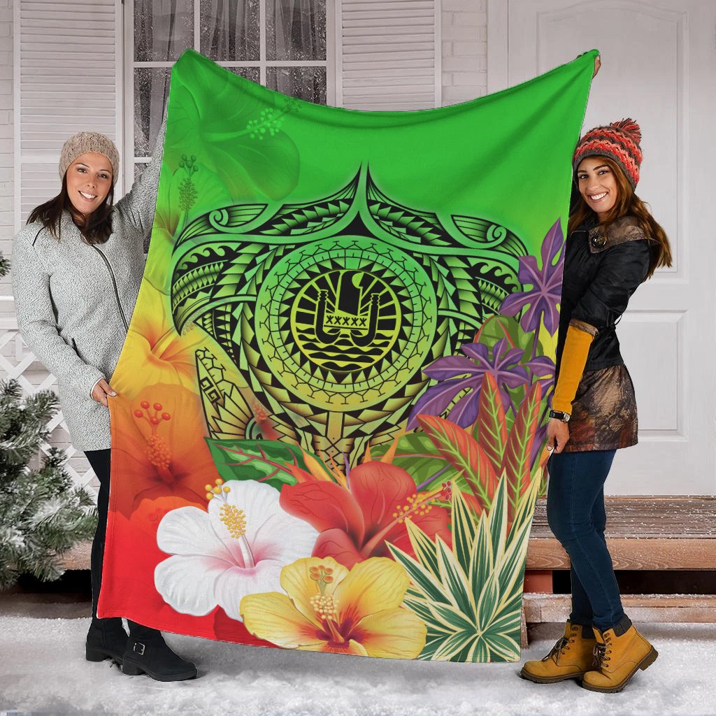 Tahiti Premium Blanket - Manta Ray Tropical Flowers (Green) - Polynesian Pride