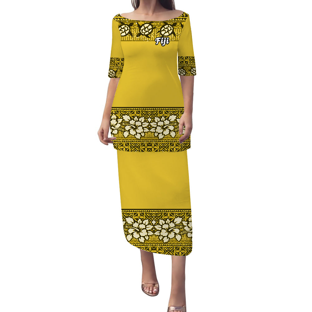 NE Fiji Bula Dress Tapa Turtles And Hibiscus Puletasi Dress Ver.02 LT14 Yellow - Polynesian Pride