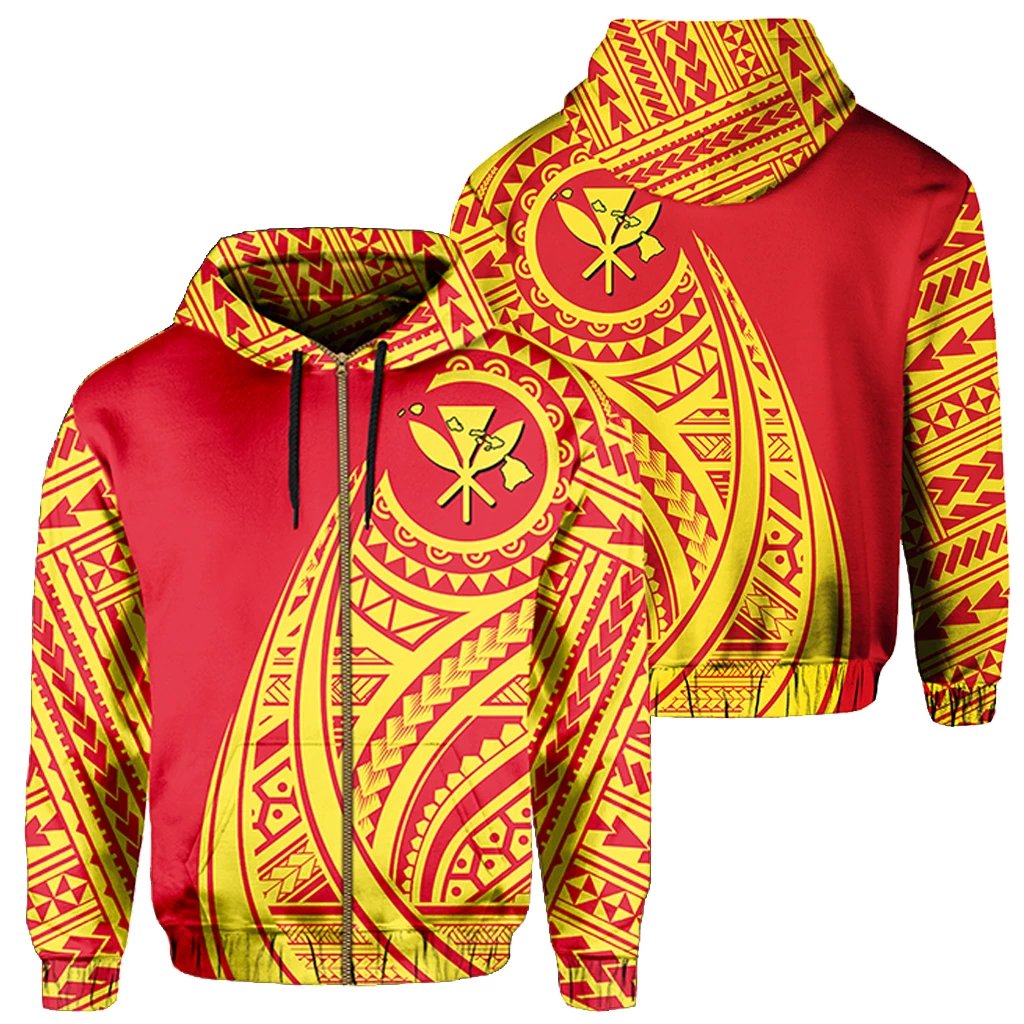 Hawaii Kanaka Polynesian Zip up Hoodie Tatoo Style Unisex Red - Polynesian Pride