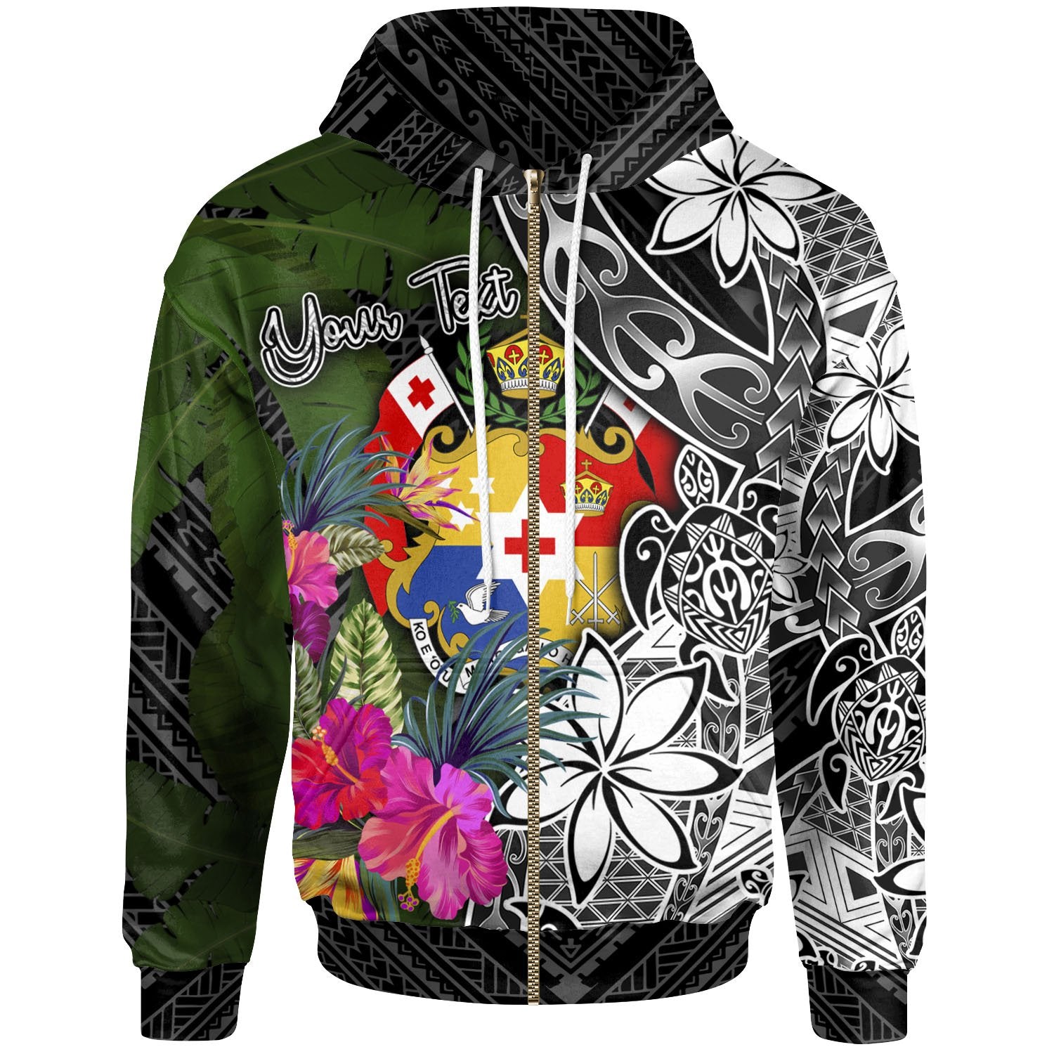 Tonga Custom Zip up Hoodie Turtle Plumeria Banana Leaf Unisex Black - Polynesian Pride