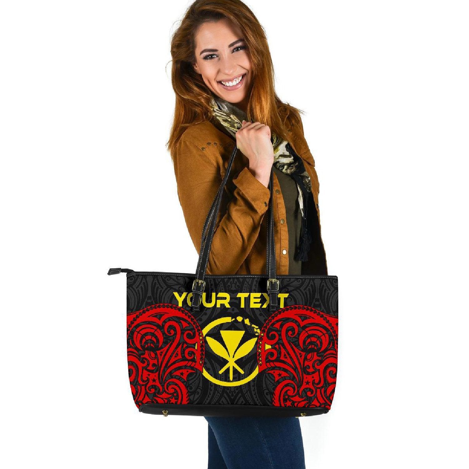 Polynesian Custom Personalised Hawaii Large Leather Tote - Hawaiian Spirit Red - Polynesian Pride