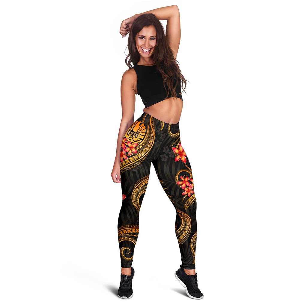 Tahiti Polynesian Women Legging - Gold Plumeria Black - Polynesian Pride