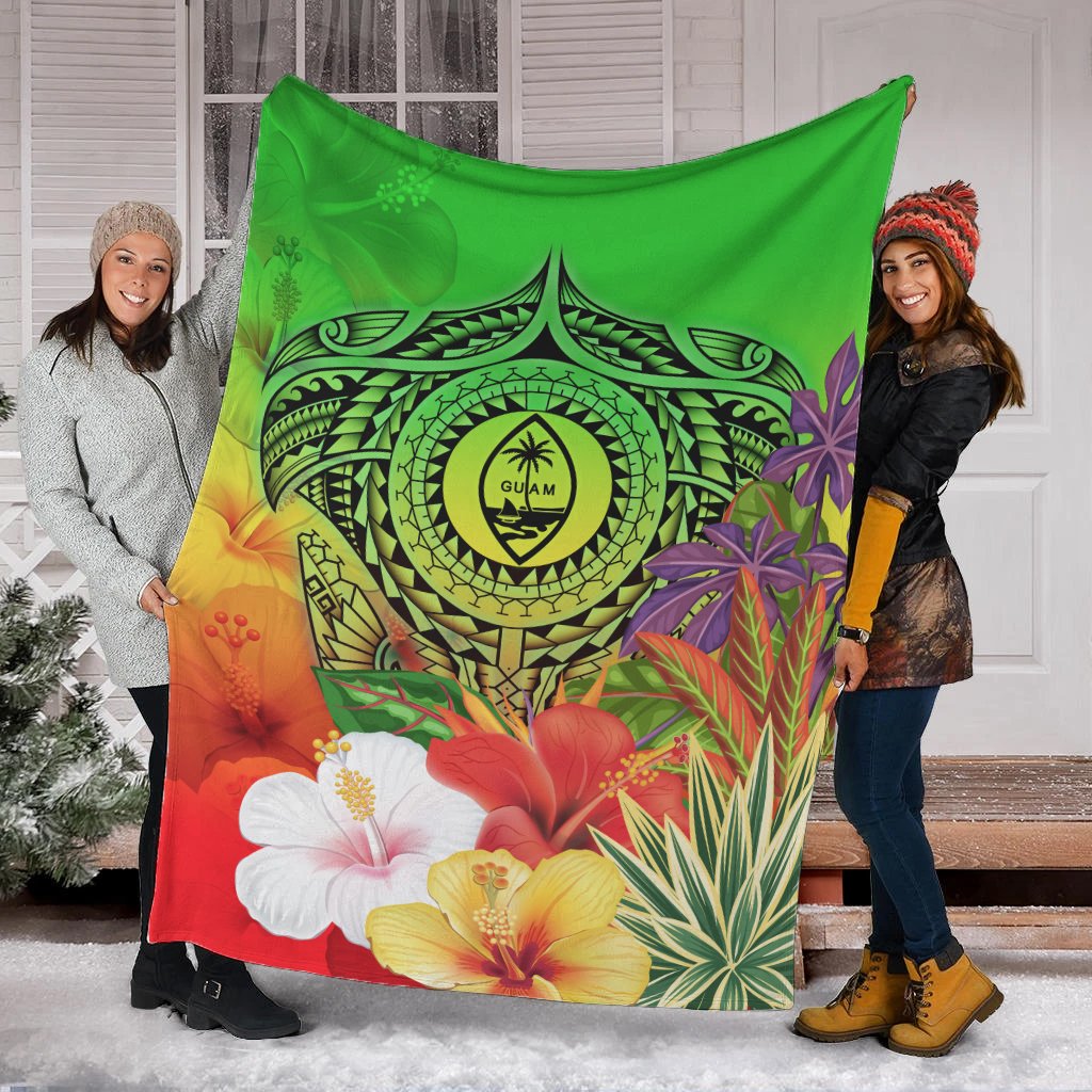 Guam Premium Blanket - Manta Ray Tropical Flowers (Green) - Polynesian Pride