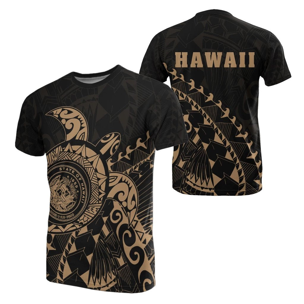 Hawaii Coat of Arms T Shirt ( Gold) Turtle Style Unisex White - Polynesian Pride