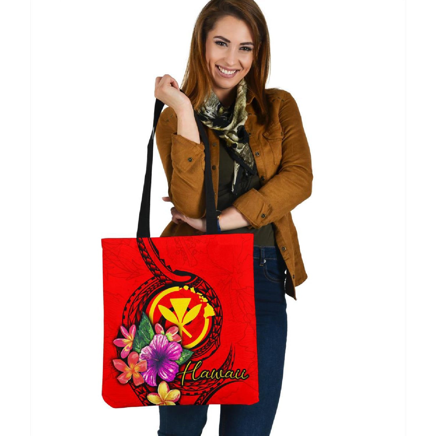 Hawaii Polynesian Tote Bag - Floral With Seal Red Tote Bag One Size Red - Polynesian Pride