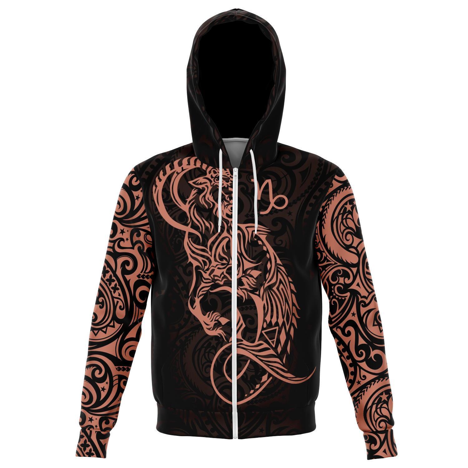 Capricorn Zodiac Zip Hoodie Aotearoa Maori Tattoo Unisex Art - Polynesian Pride