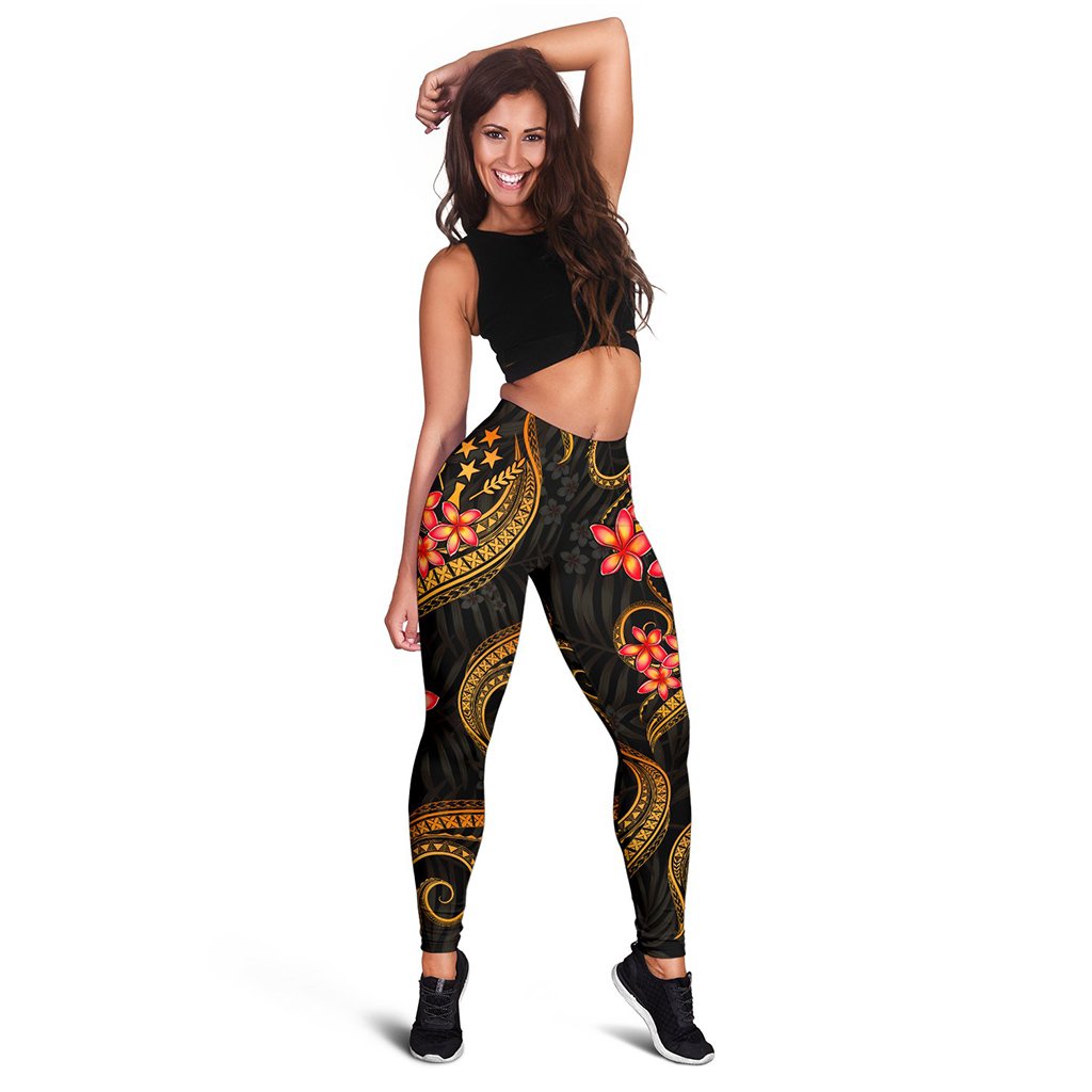 Kosrae Micronesian Women Legging - Gold Plumeria Black - Polynesian Pride