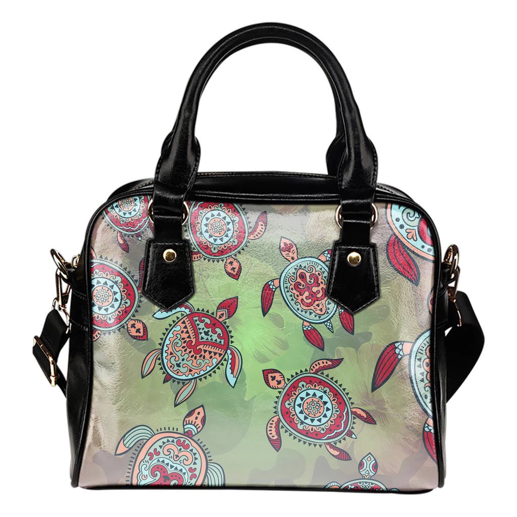 Turtle And Hibiscus Shoulder Handbag 05 One Size Black - Polynesian Pride