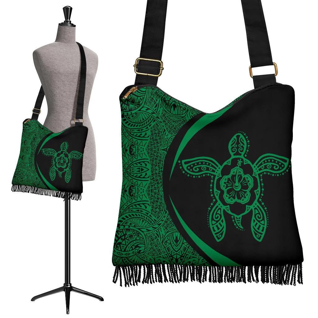 Hawaii Turtle Polynesian Crossbody Boho Handbag-Circle Style Green Crossbody Boho Handbag One Size Black - Polynesian Pride