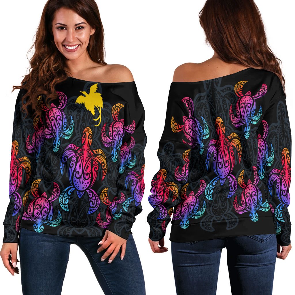 Papua New Guinea Women's Off Shoulder Sweaters - Sea Turtle In Tribal Polynesian Style Black - Polynesian Pride