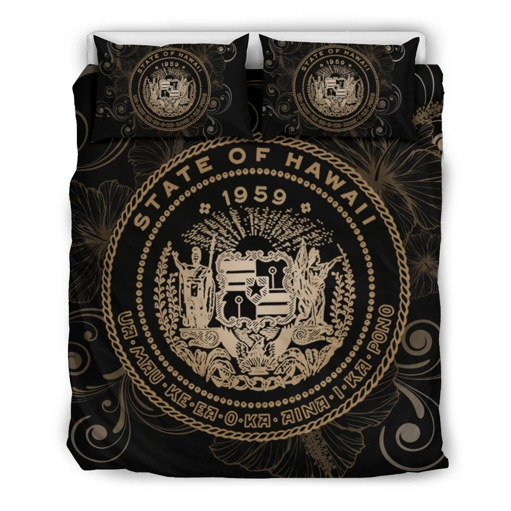 Hawaiian Hibiscus Flag Coat Of Arms Polynesian Bedding Set Gold - Royal Style Gold - Polynesian Pride