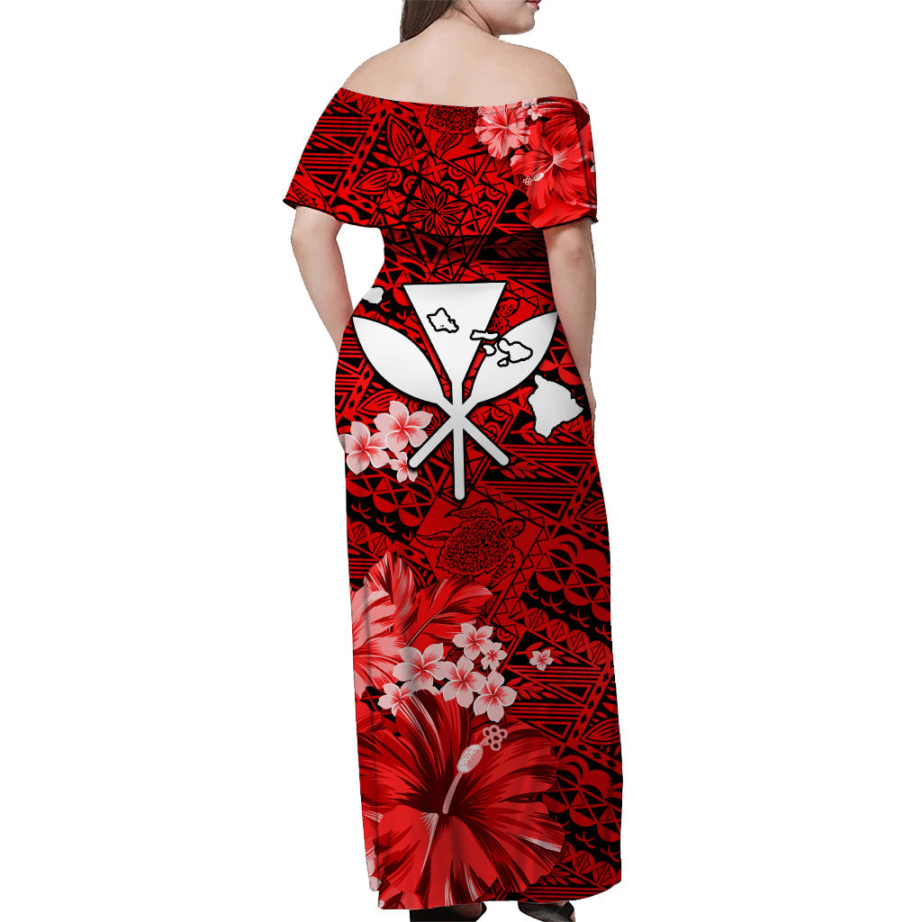 (Custom Personalised) Hawaii Off Shoulder Long Dress Map and Turtle Red Flowers LT13 - Polynesian Pride