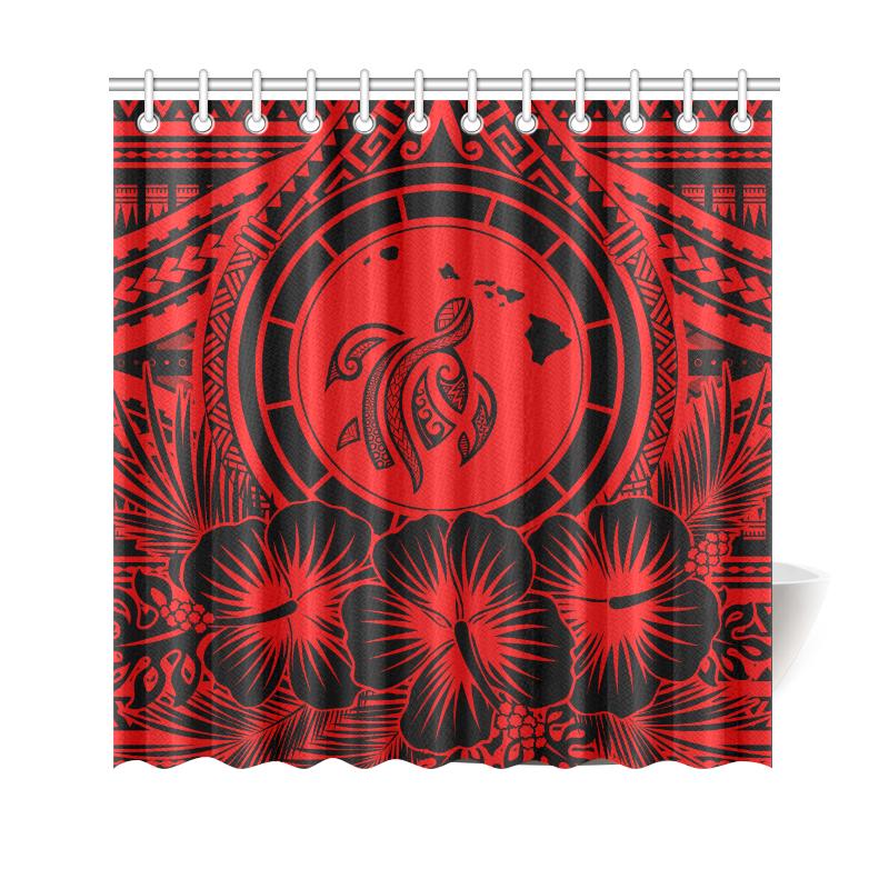 Hawaii Map Honu Hibiscus Red Polynesian Shower Curtain 177 x 172 (cm) Red - Polynesian Pride