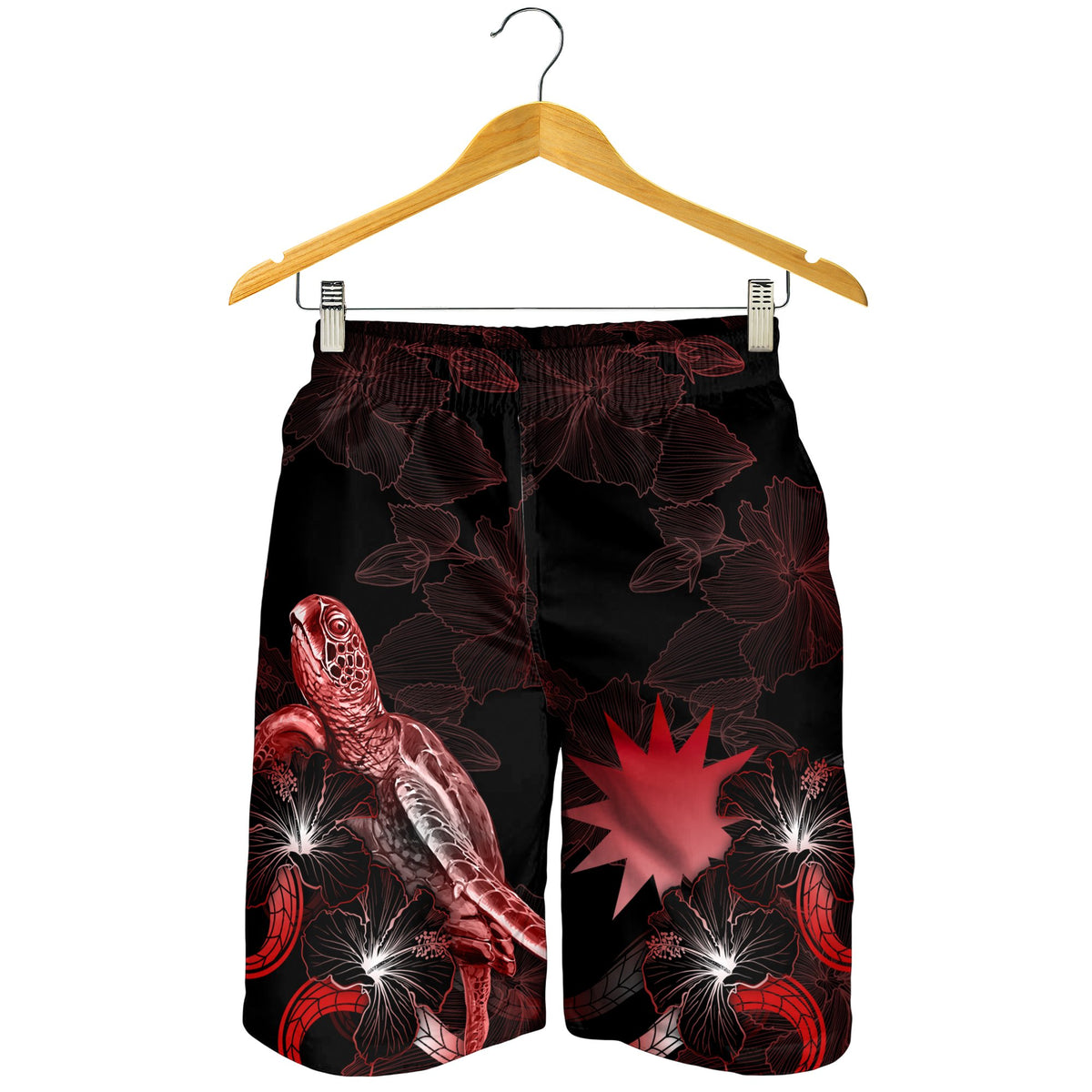 Nauru Polynesian Men's Shorts - Turtle With Blooming Hibiscus Red - Polynesian Pride