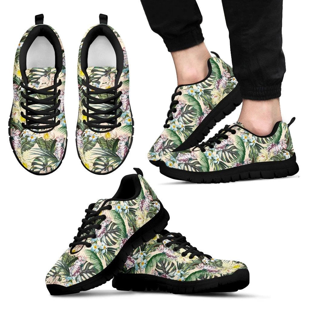 Hawaii Tropical Jungle Parrots And Flamingos Sneakers Men's Sneakers Black - Polynesian Pride