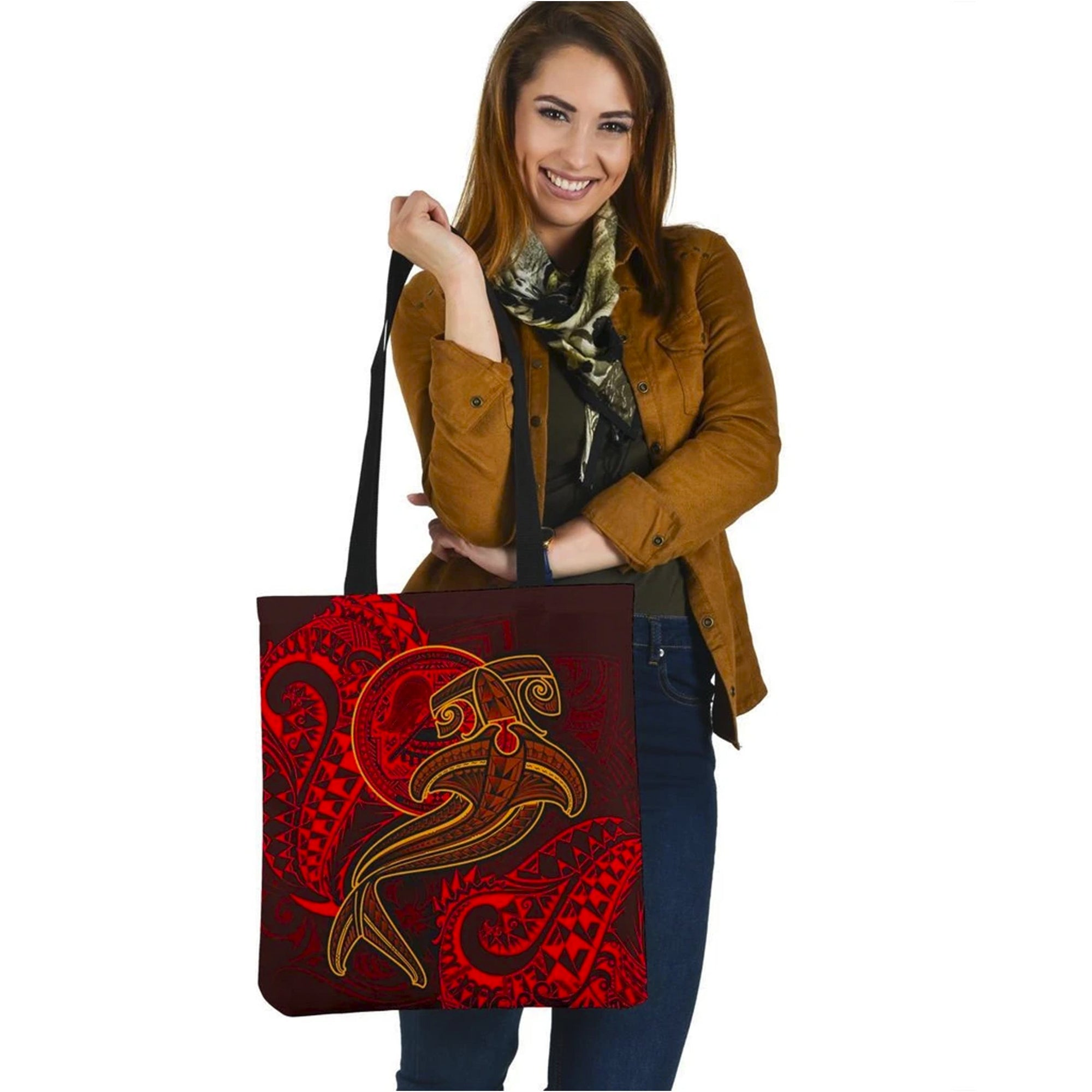 American Samoa Tote Bags - Red Shark Polynesian Tattoo Tote Bag One Size Red - Polynesian Pride