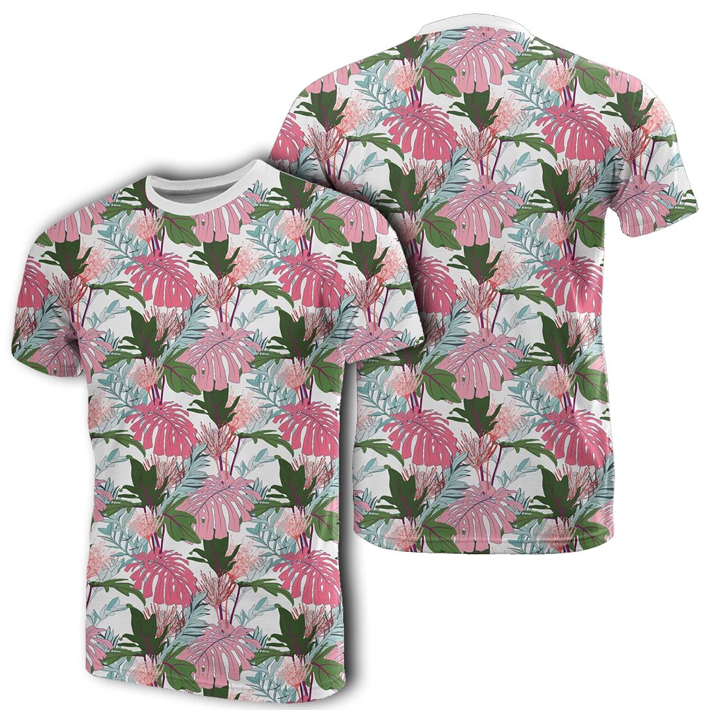 Hawaii Pink Monstera and Green Tropical Leaves White T Shirt Unisex White - Polynesian Pride