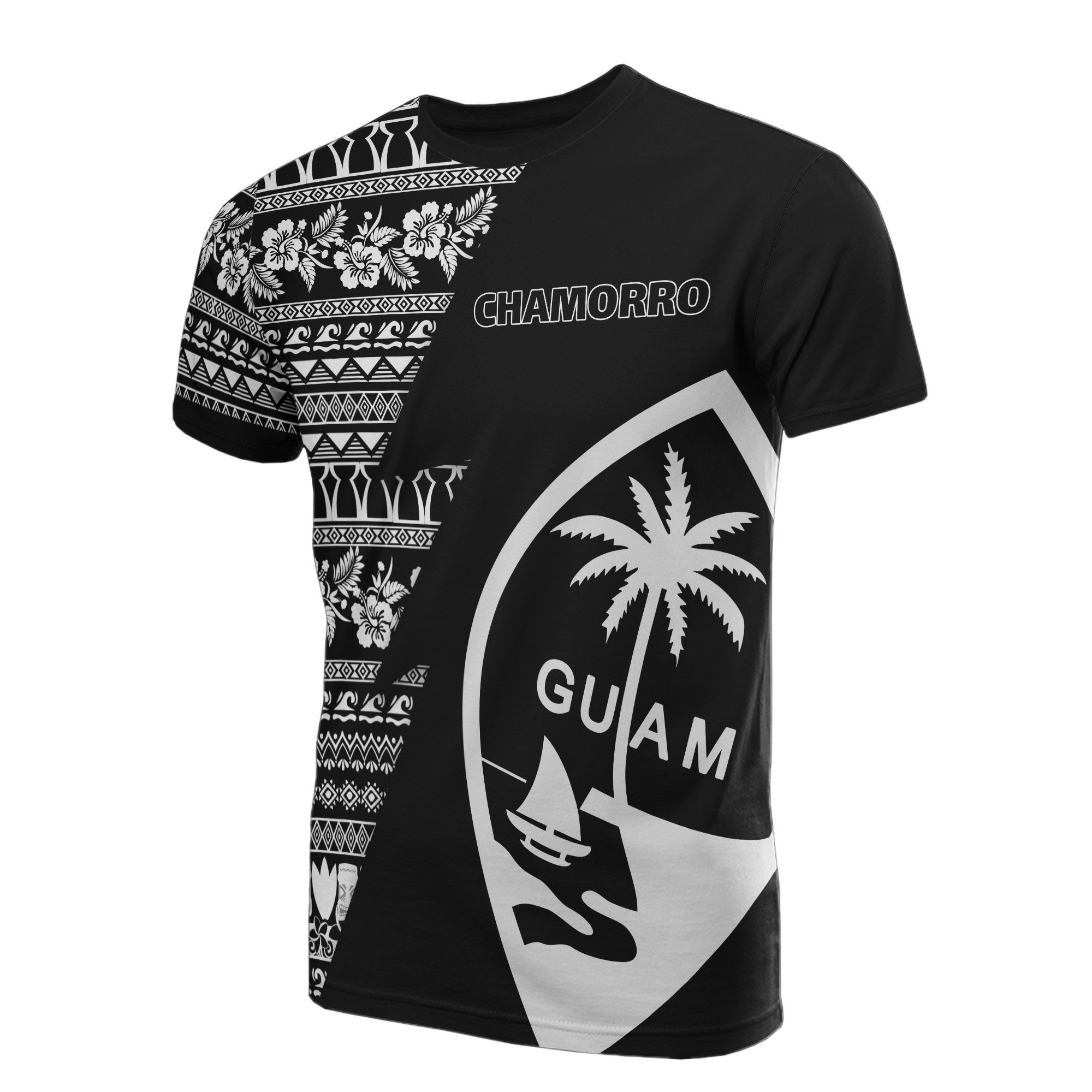 Guam All Over T Shirt Guam Coat of Arms Chamorro Pattern Black Style Unisex Black - Polynesian Pride