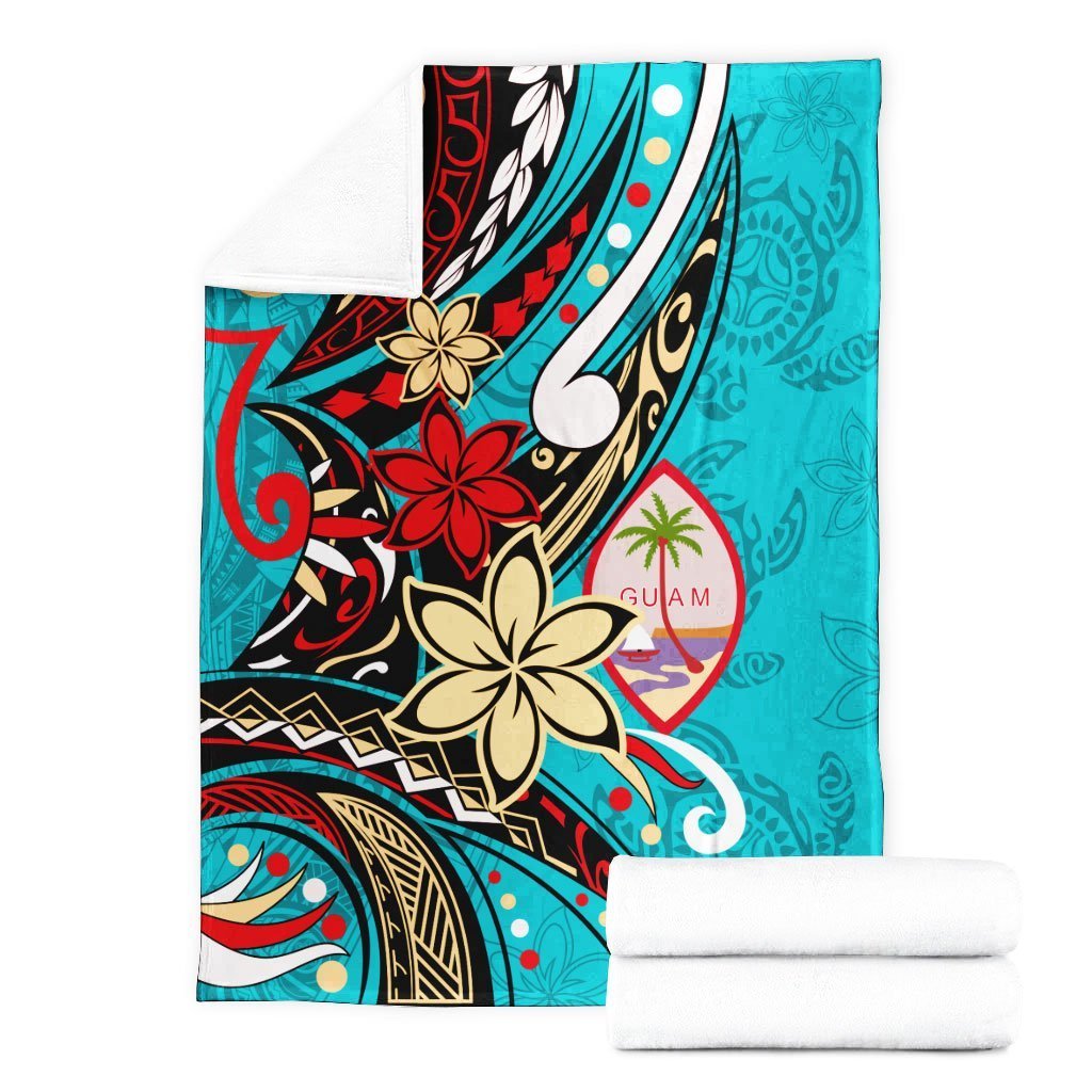 Guam Premium Blanket - Tribal Flower With Special Turtles Blue Color - Polynesian Pride