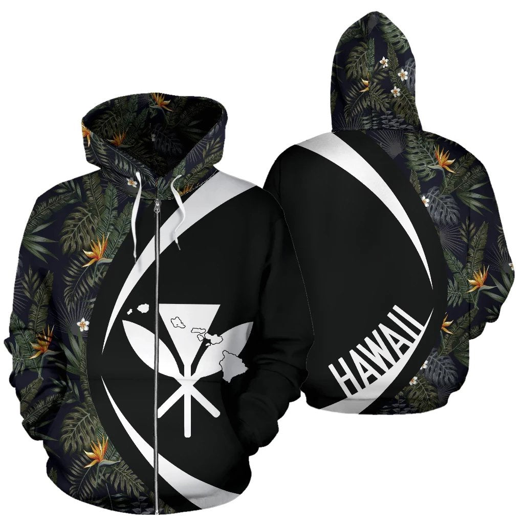 Kanaka Tropical Leaves and Flowers In The Night Zipper Hoodie Circle Style Unisex Black - Polynesian Pride