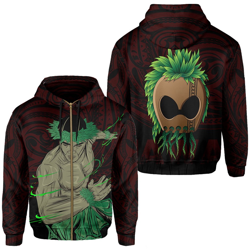 Polynesian Hula Man Helmet Hawaii Zip Hoodie Red Unisex Red - Polynesian Pride