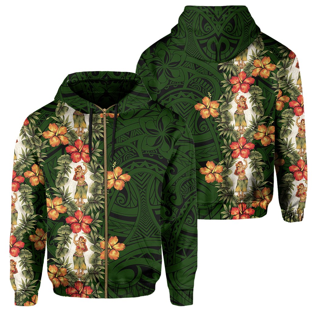 Hawaii Hoodie Hula Girl Tropical Style Zip Hoodie Unisex Green - Polynesian Pride