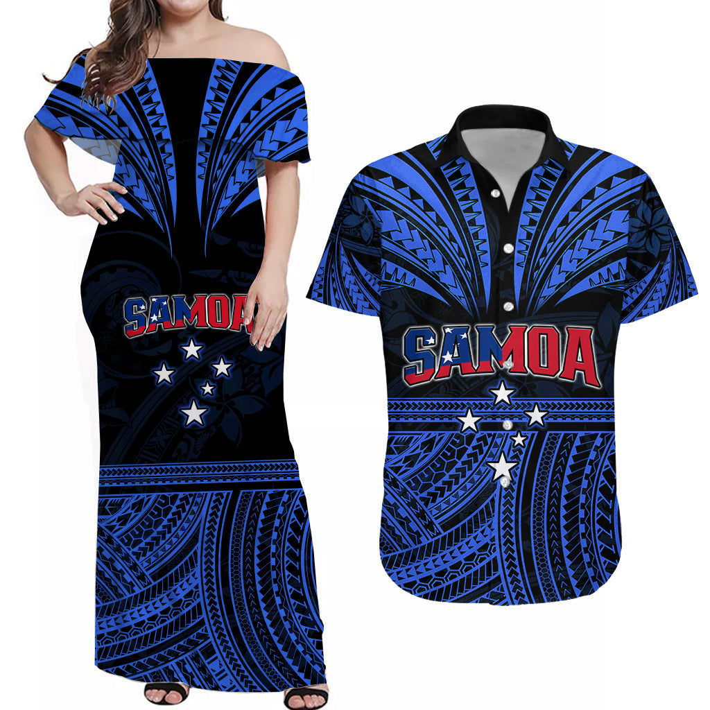 Custom Polynesian Couple Outfits Samoa Tatau Matching Dress and Hawaiian Shirt Blue Polynesian Proud Samoan LT13 Blue - Polynesian Pride