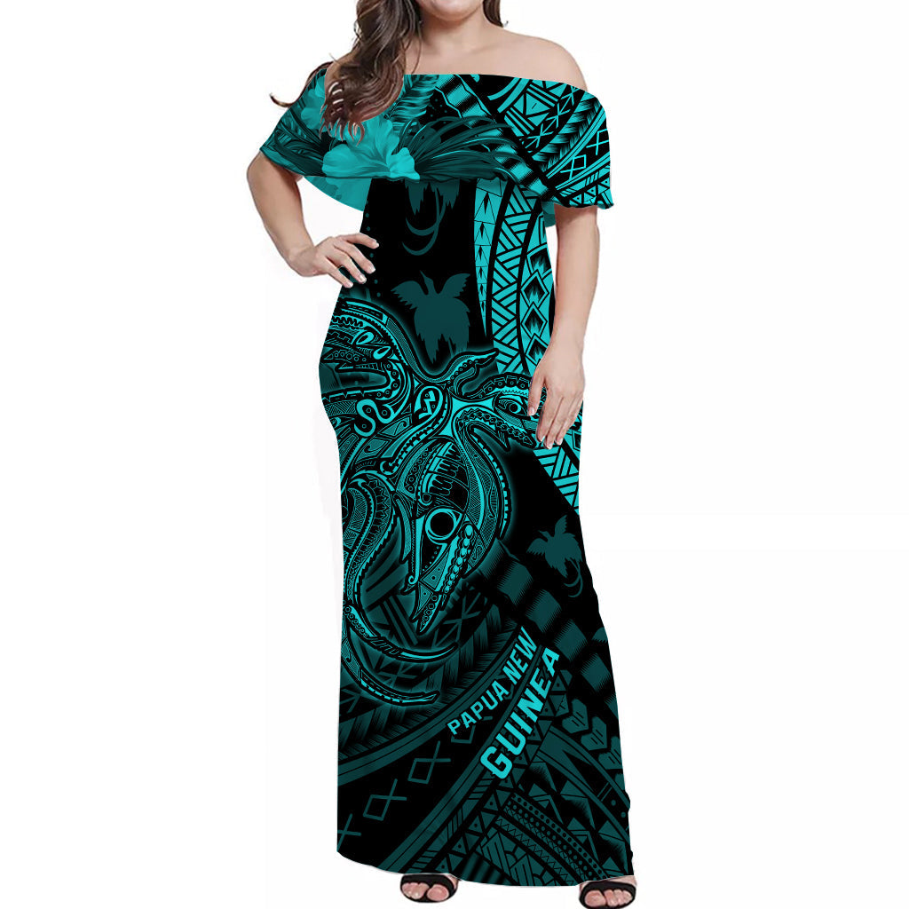 (Custom Personalised) Papua New Guinea Off Shoulder Long Dress Raggiana Birds Of Paradise Turquoise LT13 Women Turquoise - Polynesian Pride