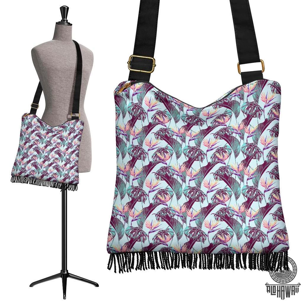 Hawaii Tropical Monstera Leaf Crossbody Boho Handbag Crossbody Boho Handbag One Size Blue - Polynesian Pride