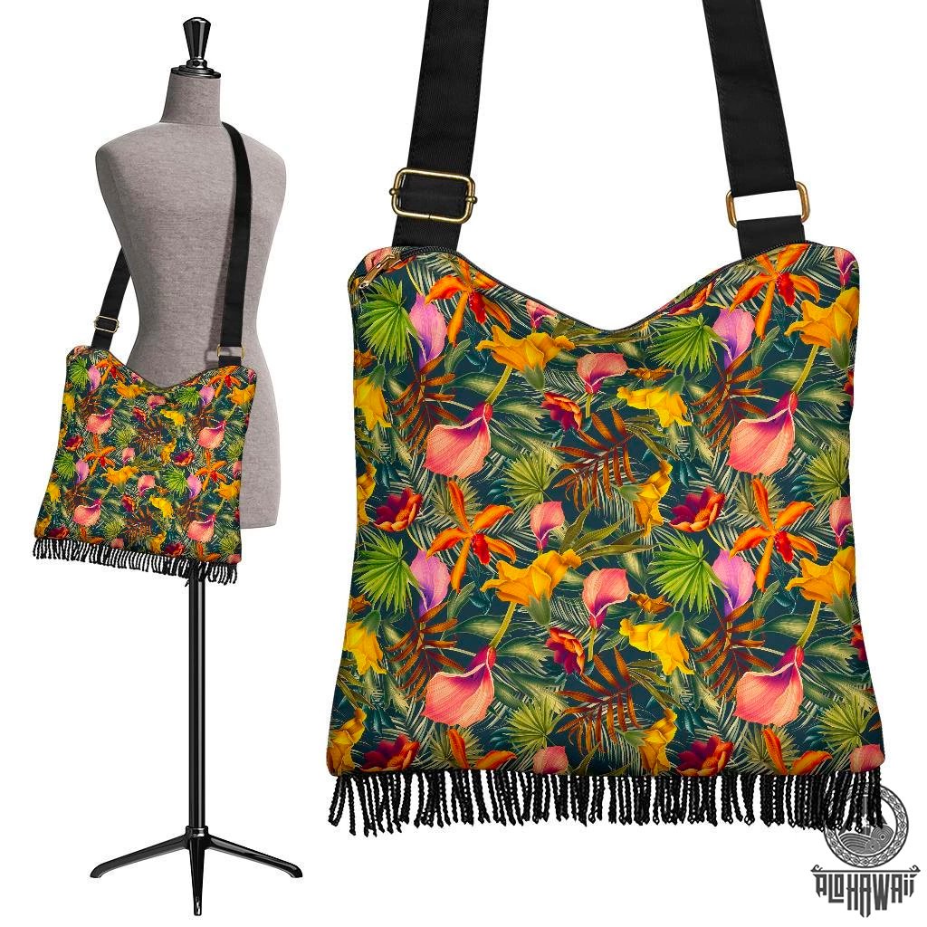 Hawaii Seamless Tropical Flower Plant And Leaf Pattern Crossbody Boho Handbag Crossbody Boho Handbag One Size Green - Polynesian Pride
